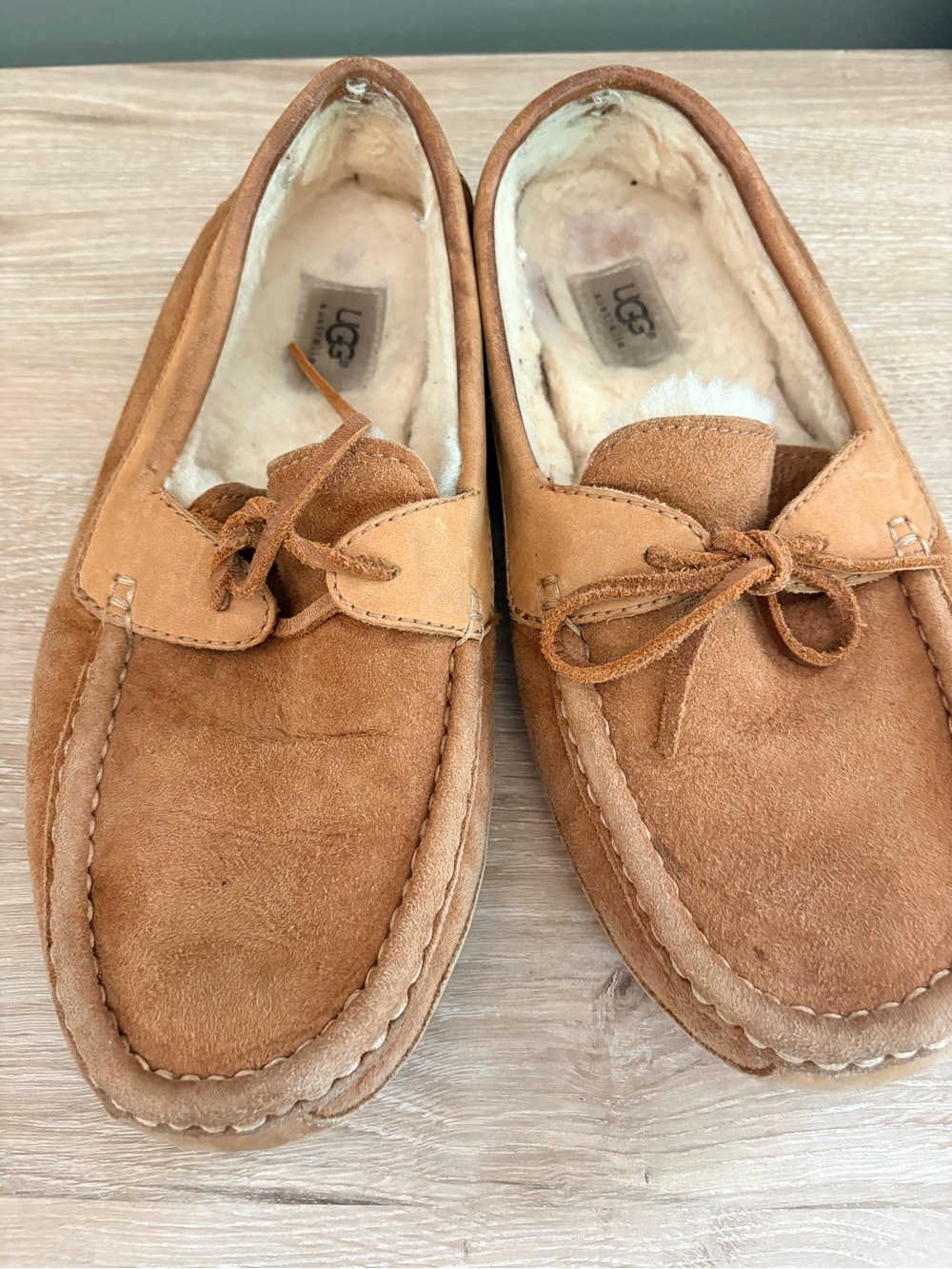 UGG Men's Chestnut/Tan Suede Moccasin Slippers with Shearling